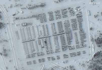 A satellite image showing a Russian battle group deployment at the Pogonovo training area in Voronezh, Russia, on Jan. 19. Source: Maxar Technologies via AP Photo