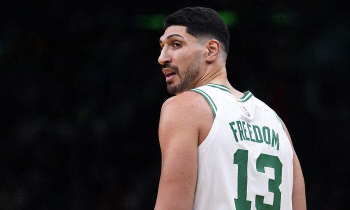 Boston Celtics center Enes Kanter Freedom, looks towards his team’s bench during the first half of an NBA basketball game, in Boston, on Dec. 1, 2021. (Charles Krupa/AP Photo)