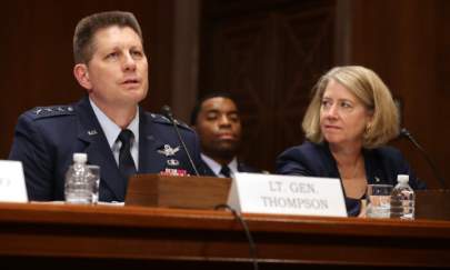 David Thompson (L), who was then-vice commander of U.S. Air Force Space Command, testifies before the Senate Aviation and Space Subcommittee in the Dirksen Senate Office Building on Capitol Hill in Washington on May 14, 2019. (Chip Somodevilla/Getty Images)