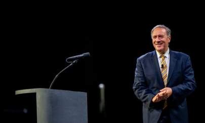 Former U.S. Secretary of State Mike Pompeo concludes a speech during the American Freedom Tour at a convention center in Austin, Texas on May 14, 2022. (Brandon Bell/Getty Images)
