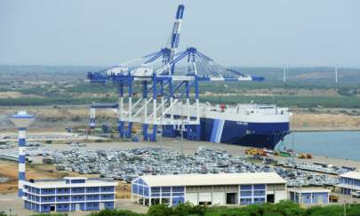 A general view of the port facility at Hambantota on Feb. 10, 2015. (Lakruwan Wanniarachchi/AFP via Getty Images)