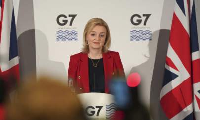 The UK's Foreign Secretary Liz Truss speaks at a press conference at the G-7 Foreign Ministers meeting in Liverpool, England, on Dec. 12, 2021. (Jon Super/AP Photo)