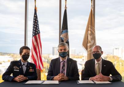 Lt. General Nina M. Armagno, U.S. Space Force director of staff, with Georgia Tech Executive Vice President for Research Chaouki T. Abdallah and Provost Steven W. McLaughlin (L to R).