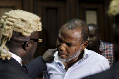 FILE PHOTO: Indigenous People of Biafra (IPOB) leader Nnamdi Kanu is seen with his counsel at the Federal high court Abuja, Nigeria January 20, 2016. REUTERS/Afolabi Sotunde/File Photo