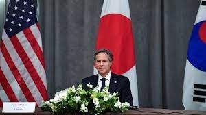 FILE - U.S. Secretary of State Antony Blinken takes part in a trilateral meeting with Japan and South Korea on the sidelines of the G-7 foreign ministers meeting in London, Britain, May 5, 2021.