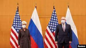 U.S. Deputy Secretary of State Wendy Sherman and Russian Deputy Foreign Minister Sergei Ryabkov attend security talks at the United States Mission in Geneva, Switzerland Jan. 10, 2022.