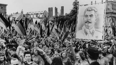 A Soviet-sponsored youth rally in the Lustgarten in Berlin, Germany, 1st June 1950. The youth carry huge portraits of Communist leaders such as Joseph Stalin (pictured).  (FPG/Getty Images)