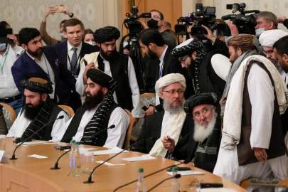 Taliban official Abdul Salam Hanafi, center, and other members of the political delegation from the Afghan Taliban